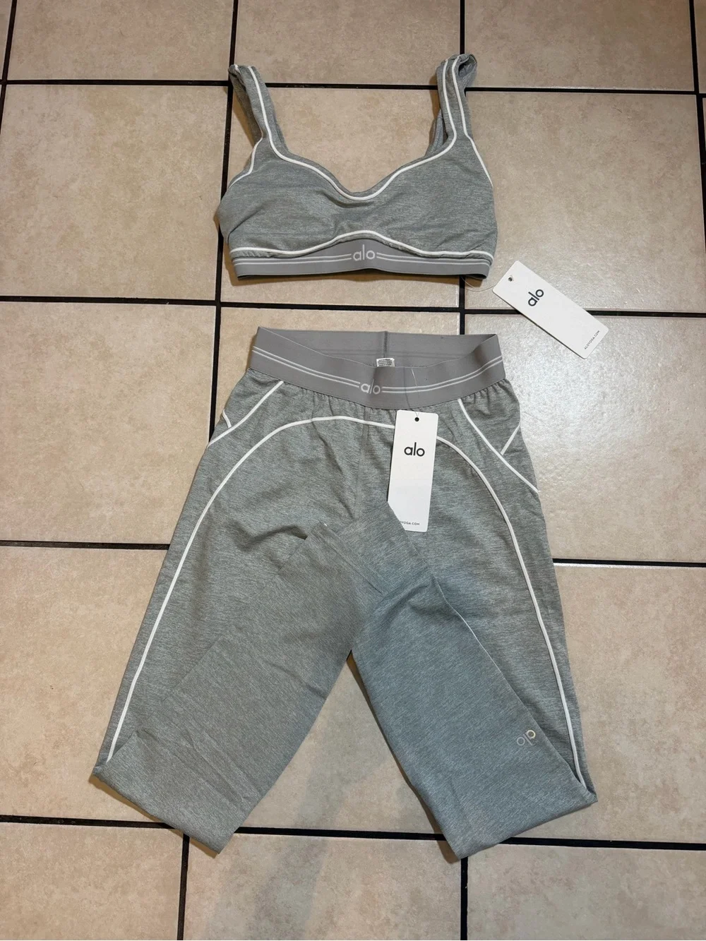 ALO Yoga Gray Seam-Trim Bralette & Biker Short Set